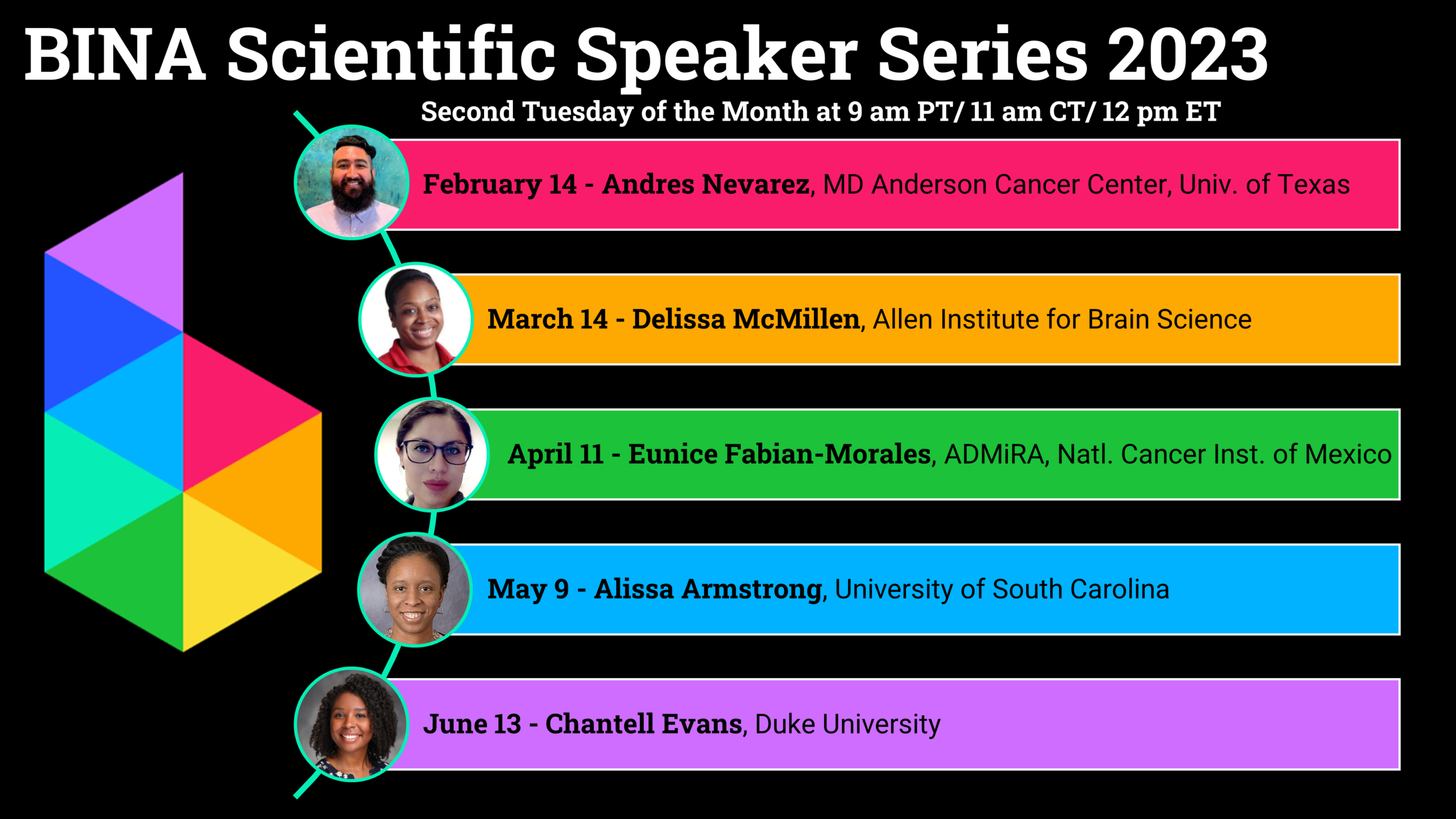 Flyer for speaker series happening the Second Tuesday of the month at 11 am Central