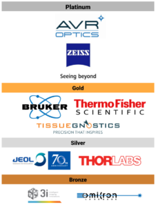 LABIxBINA Sponsors with sponsor logos (Platinum: AVR Optics, ZEISS; Gold: Bruker, Thermofisher, Tissuegnostics; Silver: Joel, Thorlabs; Bronze: 3i, Omicron lasers)