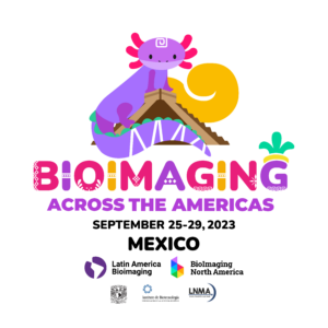 LABIxBINA: Bioimaging Across the Americas logo with an Axolotol on top of a pyramid, with the logos of LABI, BINA, UNAM, IBT, and LNMA