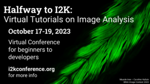Flyer for Halfway to I2K: Virtual Tutorials on Image Analysis event happening Oct 17-19 2023. Virtual Conference for beginners to developers, i2kconference.org for more info. Features an image called Muscle Tree by Caroline Halliun from the BINA Image Contest 2022.